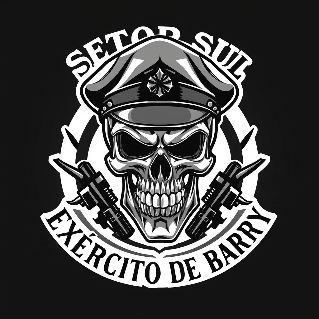 A military emblem design featuring a fierce and intricate skull wearing a steel military cap, symbolizing strength and resilience