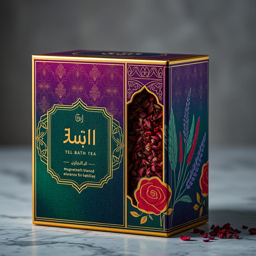 A luxurious and elegant bath tea packaging design inspired by Middle Eastern aesthetics, featuring rich textures reminiscent of traditional Arabian craftsmanship