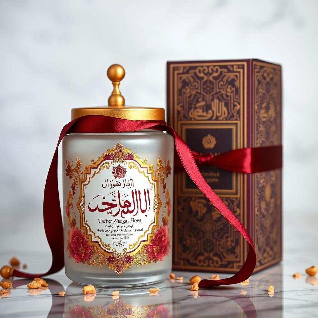 A luxurious bath tea product specifically tailored for the Arab market, encapsulated in elegant and professional packaging that exudes sophistication