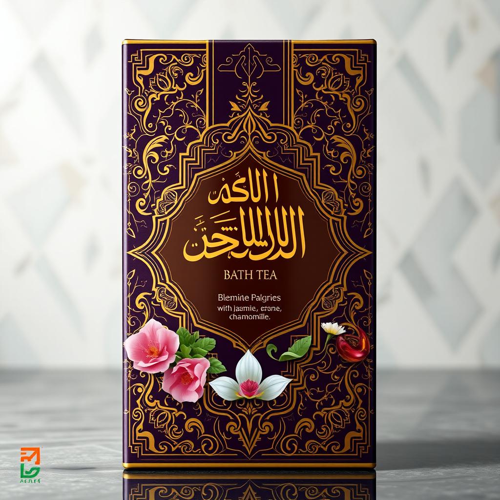 An elegant and luxurious bath tea design aimed at Arab markets, featuring an intricate and sophisticated packaging that highlights traditional Arab aesthetics