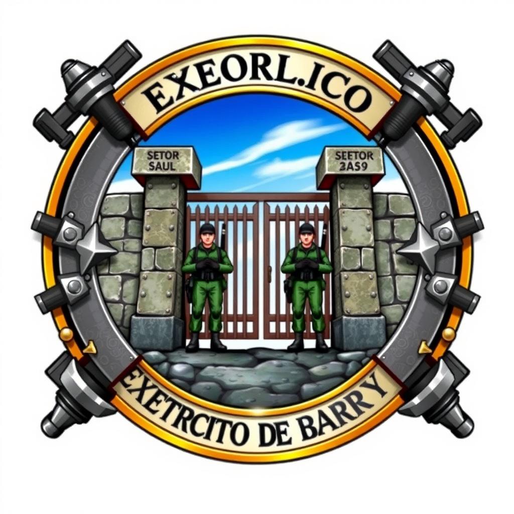 A detailed emblem representing the 'Exército Metálico', featuring the text 'Setor Sul' and 'Exército de Barry'