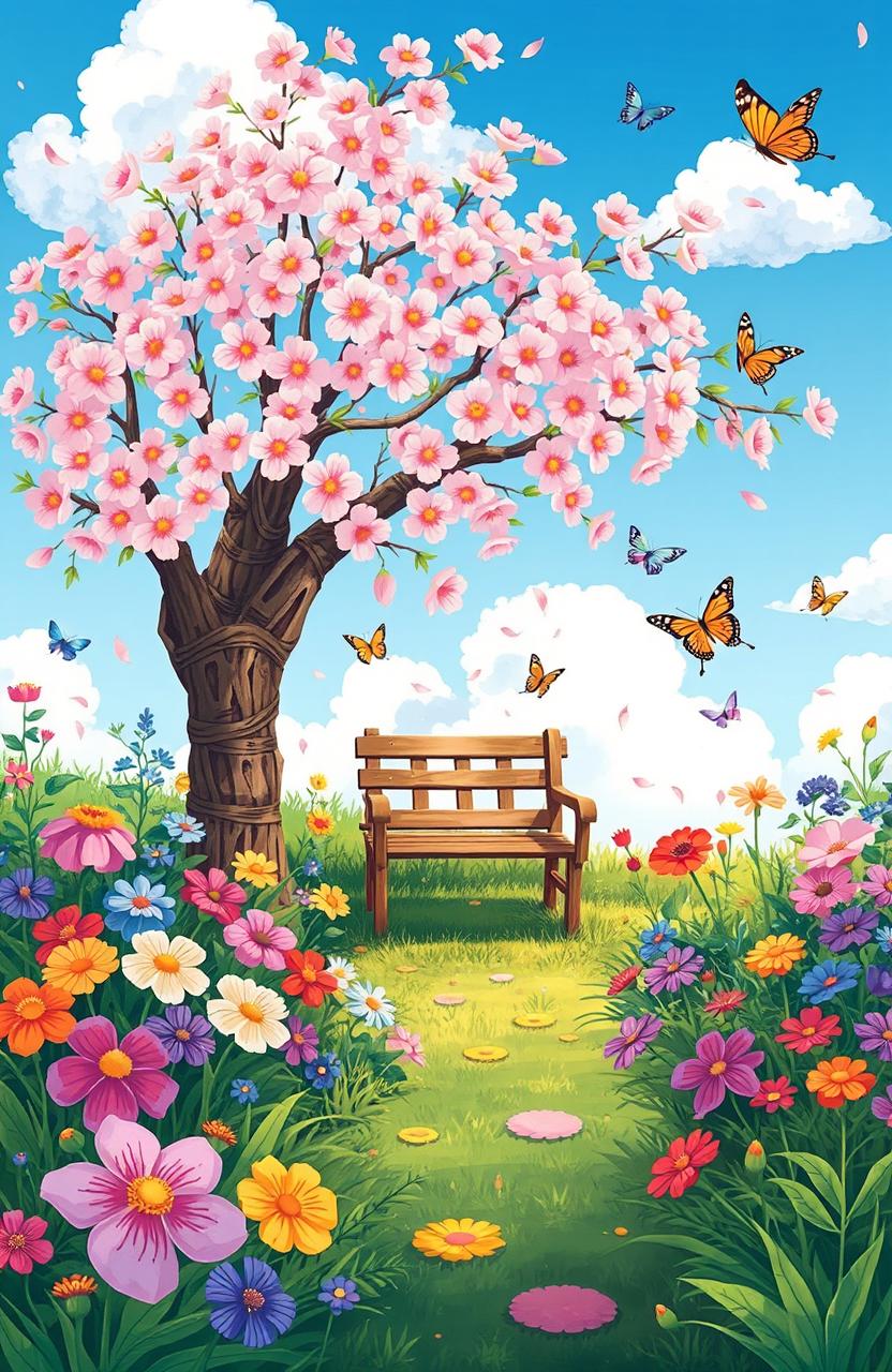 A whimsical illustration of a vibrant garden during spring, filled with colorful flowers in bloom, fluttering butterflies, and lush greenery
