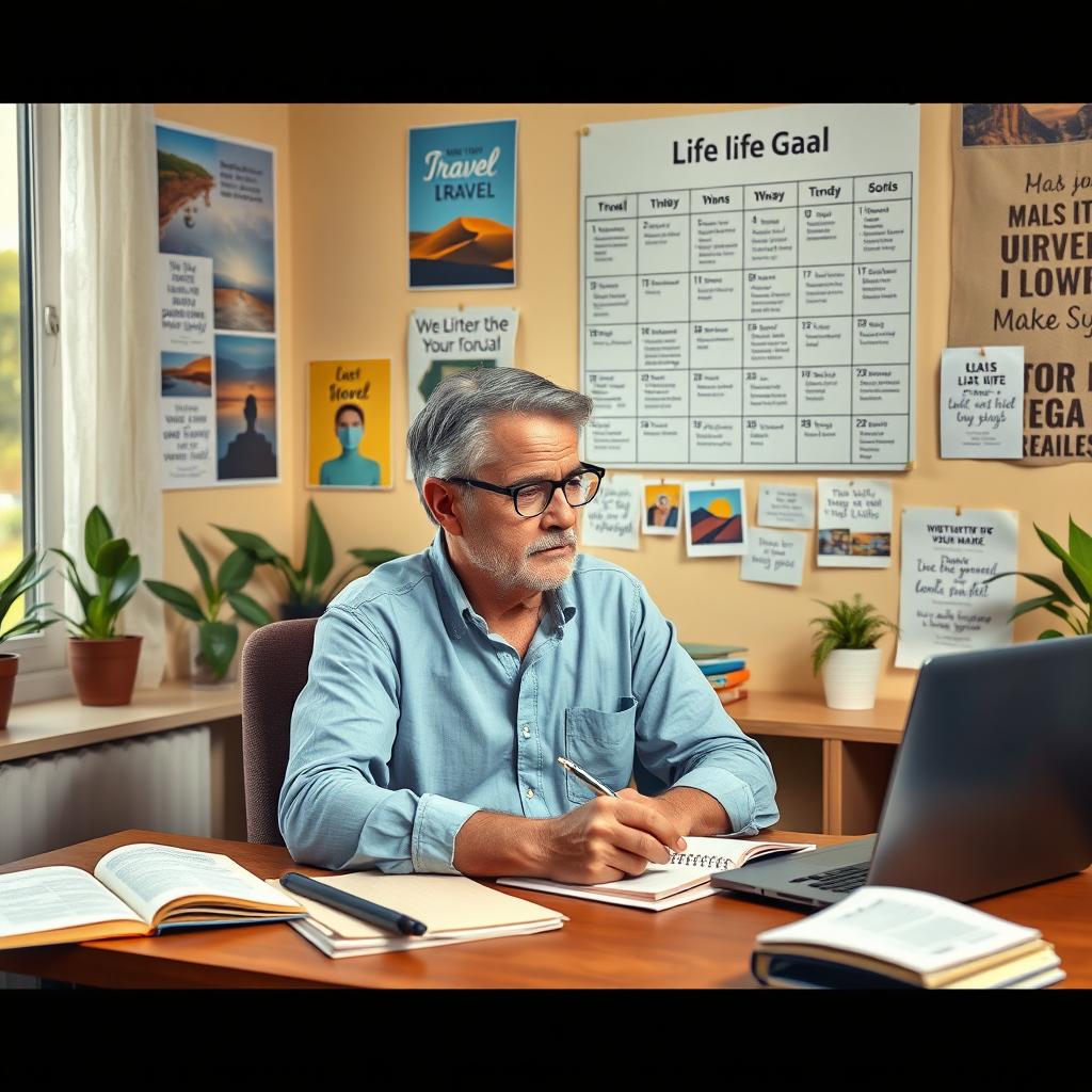 A motivational scene depicting a person sitting at a desk, surrounded by notebooks, a laptop, and a vision board filled with images and quotes about life goals