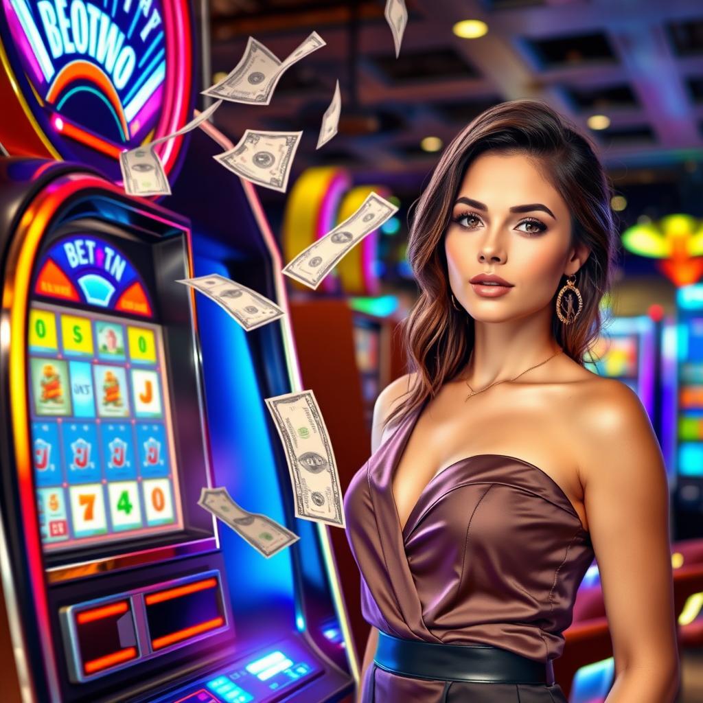 A realistic and elegant young woman standing next to a shiny, glamorous betting machine