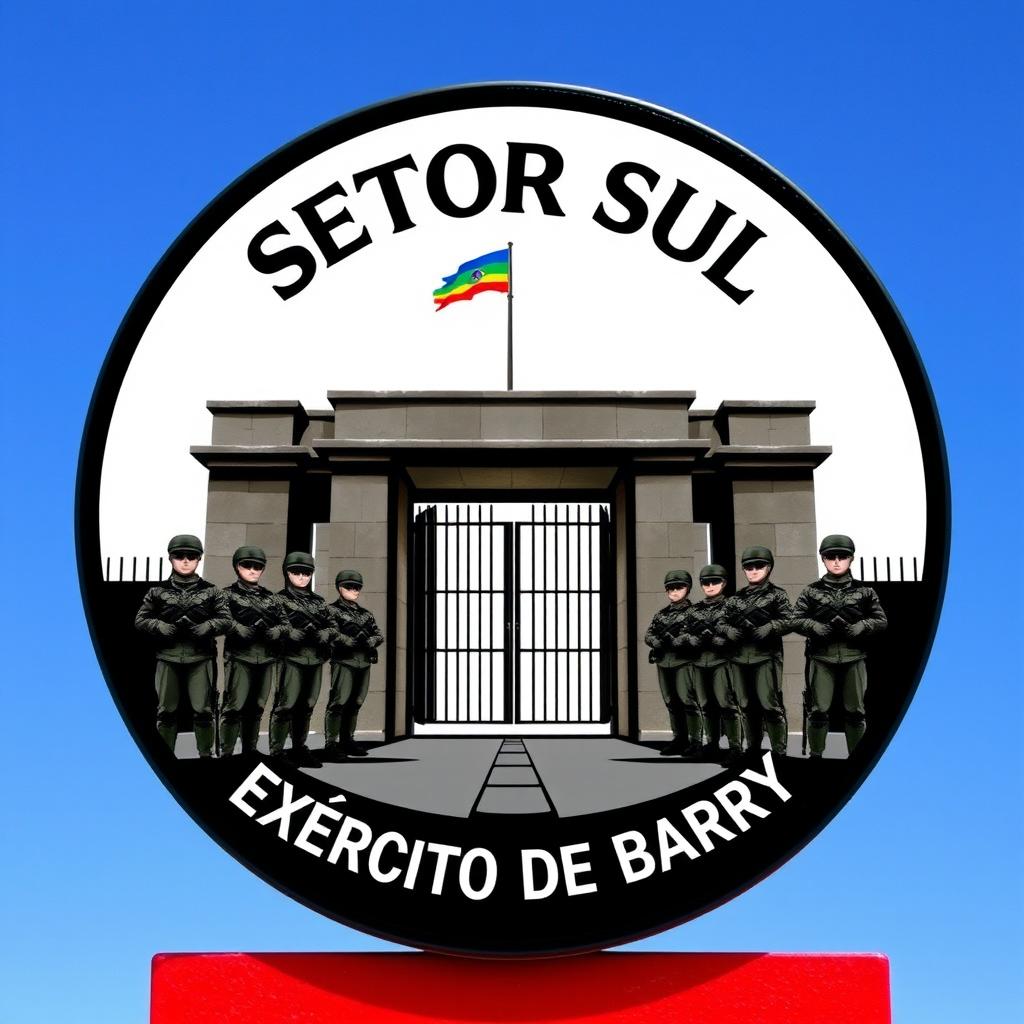 An emblem depicting 'Setor Sul' and 'Exército de Barry', prominently featuring the image of a military base gate