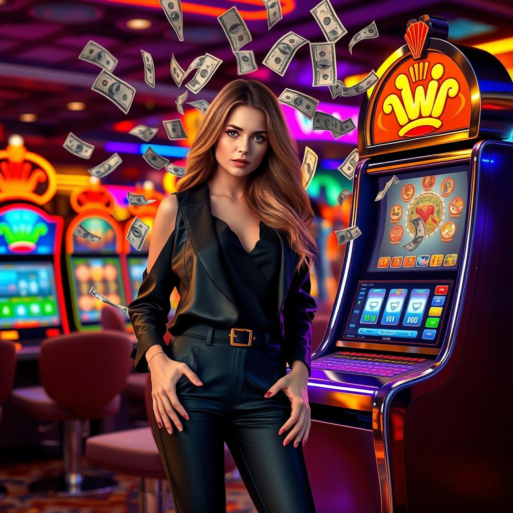 A realistic image featuring a stylish and elegant young woman standing next to a shiny betting machine
