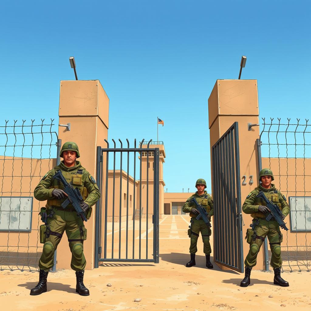 A detailed illustration of a military base gate in the southern sector, featuring uniformed soldiers standing guard