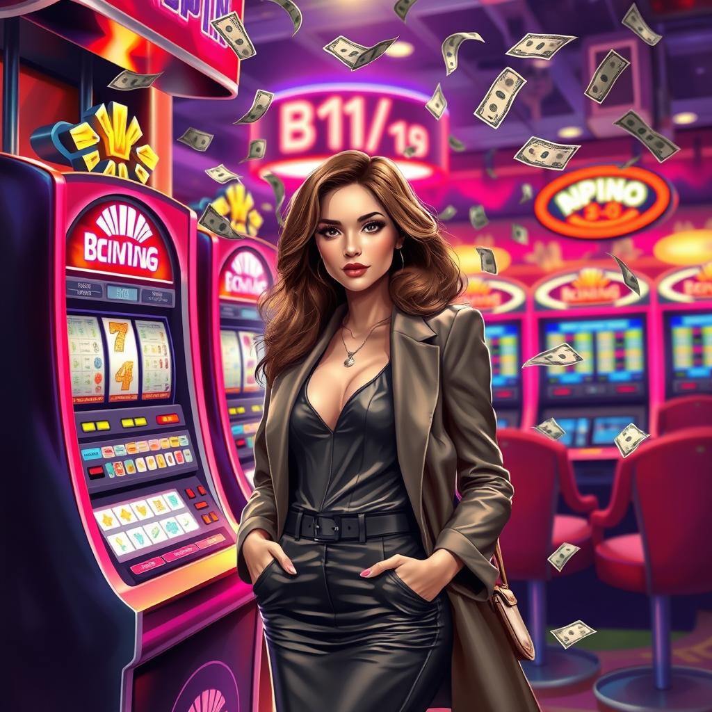 A realistic depiction of a stylish and elegant young woman standing next to a shiny betting machine