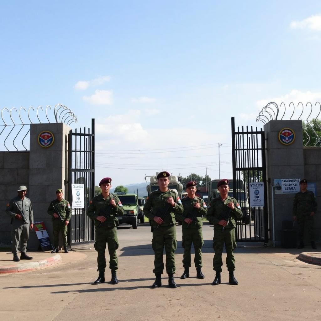 A military base gate in the Setor Sul, Brazil, featuring soldiers standing guard in full military uniforms