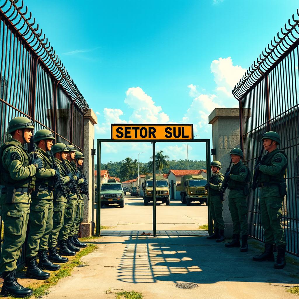 A detailed and imposing military base gate, surrounded by a high fence, featuring armed soldiers standing guard in military uniforms, showcasing a sense of discipline and vigilance
