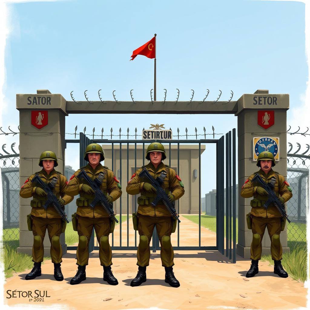 A detailed depiction of a military base gate located in the Setor Sul, featuring armed soldiers on guard, displaying discipline and alertness