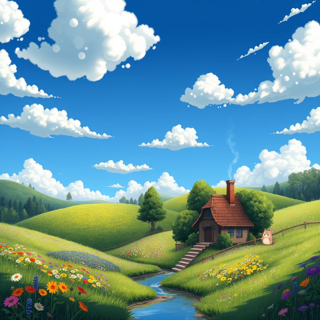 A whimsical and enchanting landscape inspired by Studio Ghibli's animation style, featuring lush green hills, vibrant wildflowers, and a serene blue sky filled with fluffy white clouds