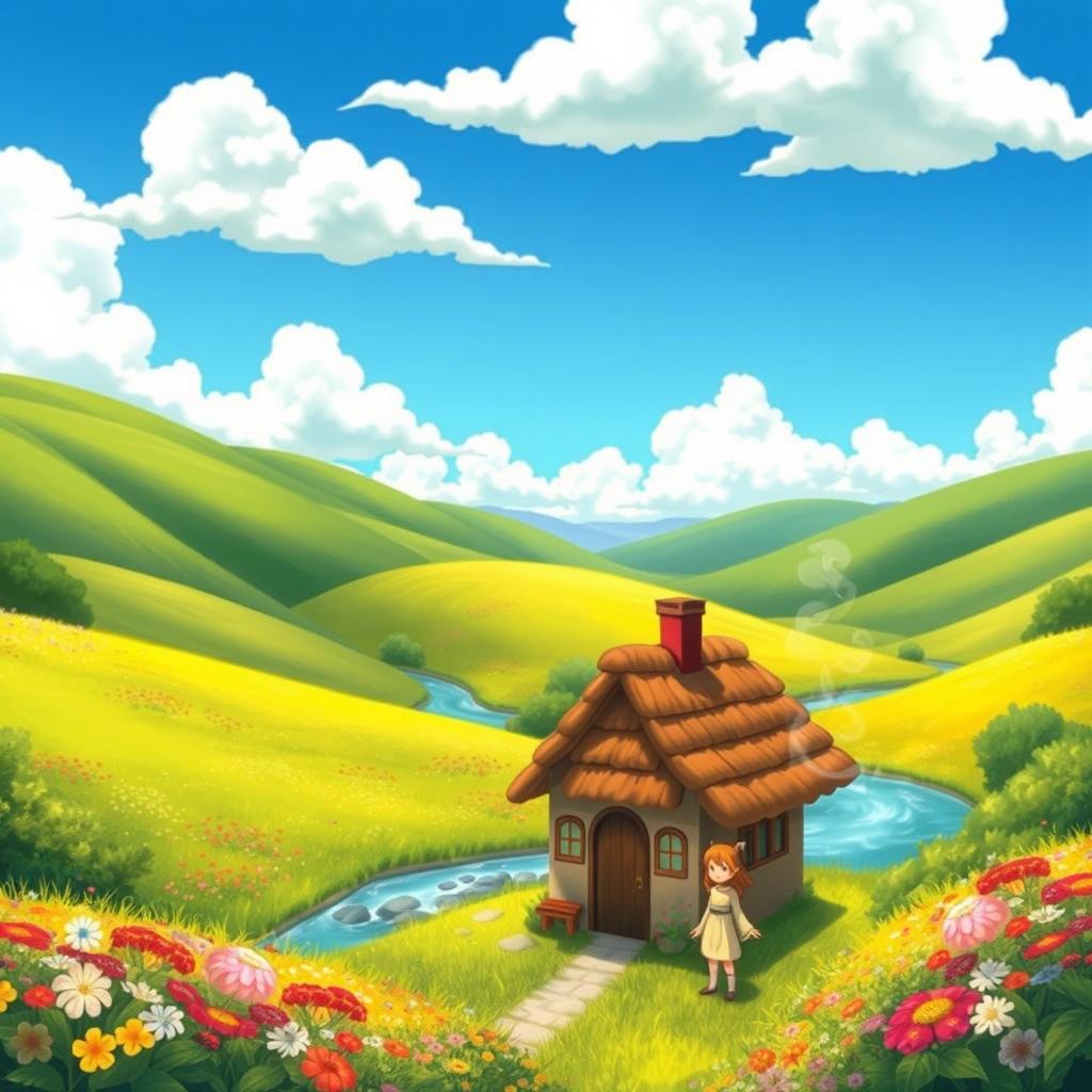 A whimsical studio style Ghibli scene featuring a lush, vibrant landscape with rolling green hills, blooming flowers, and a tranquil river