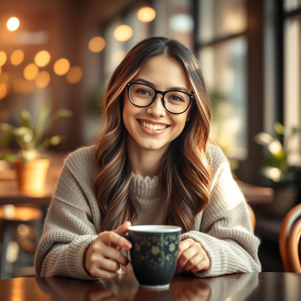 A beautifully composed portrait of a young adult woman sitting at a coffee shop table, smiling warmly at the camera