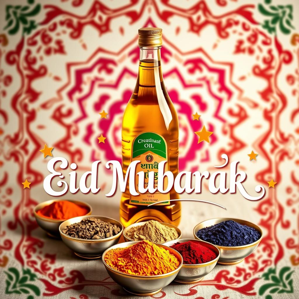 An elegant and festive promotional poster for Eid Mubarak, featuring a beautifully arranged background of traditional motifs and vibrant colors