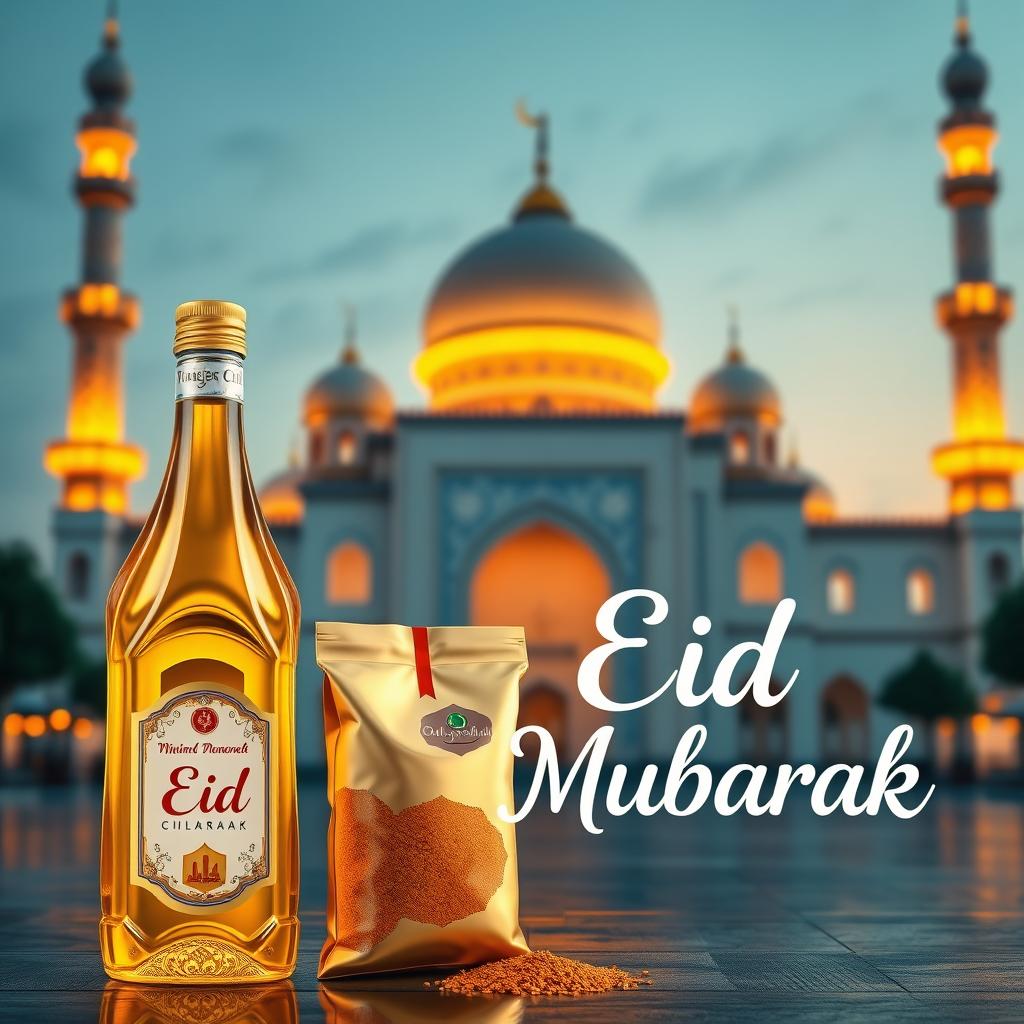 A vibrant and festive poster for Eid Mubarak featuring an elegant design that highlights the joyous occasion
