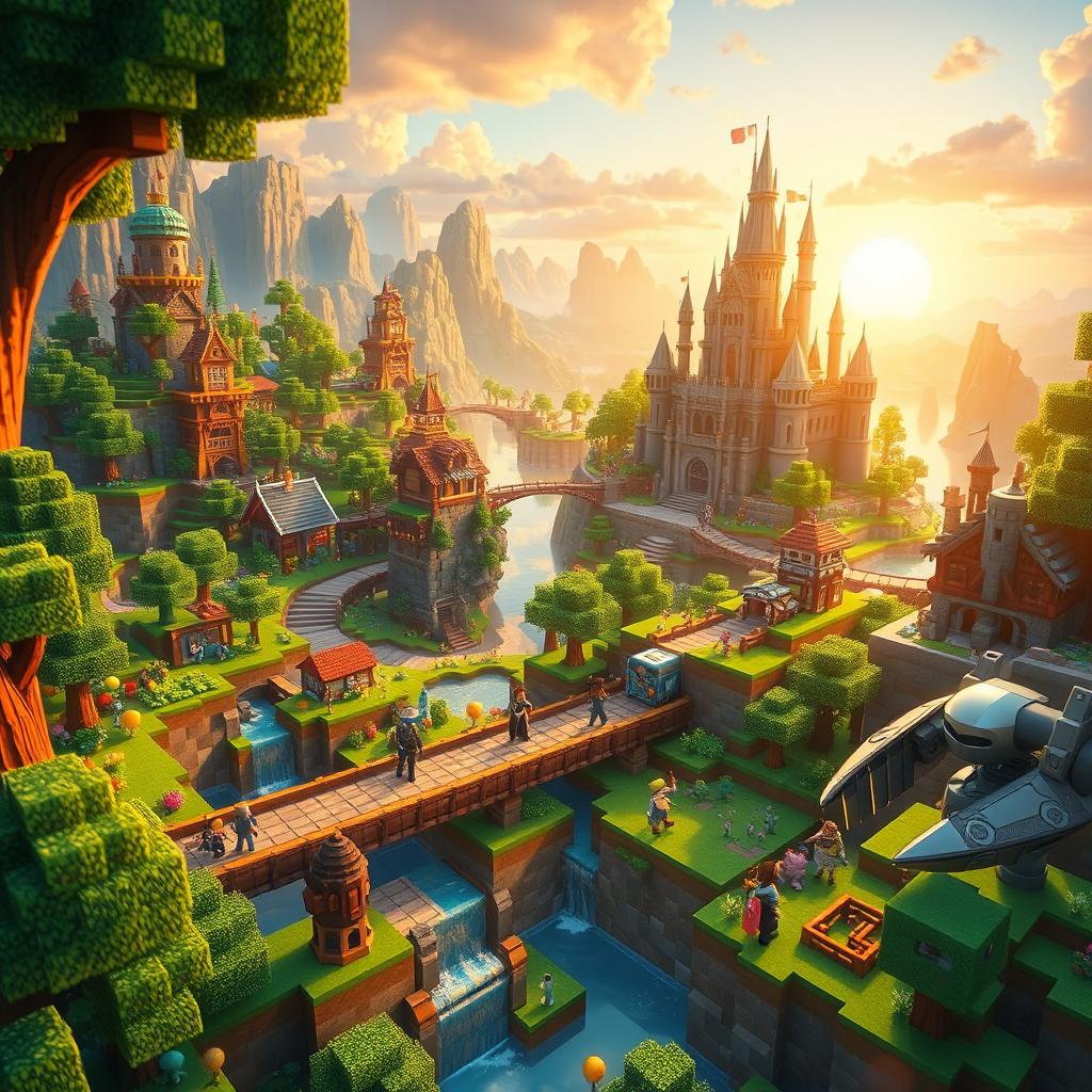 A vibrant and dynamic gaming scene depicting the main features of an All-in-One SMP (Survival Multiplayer) server