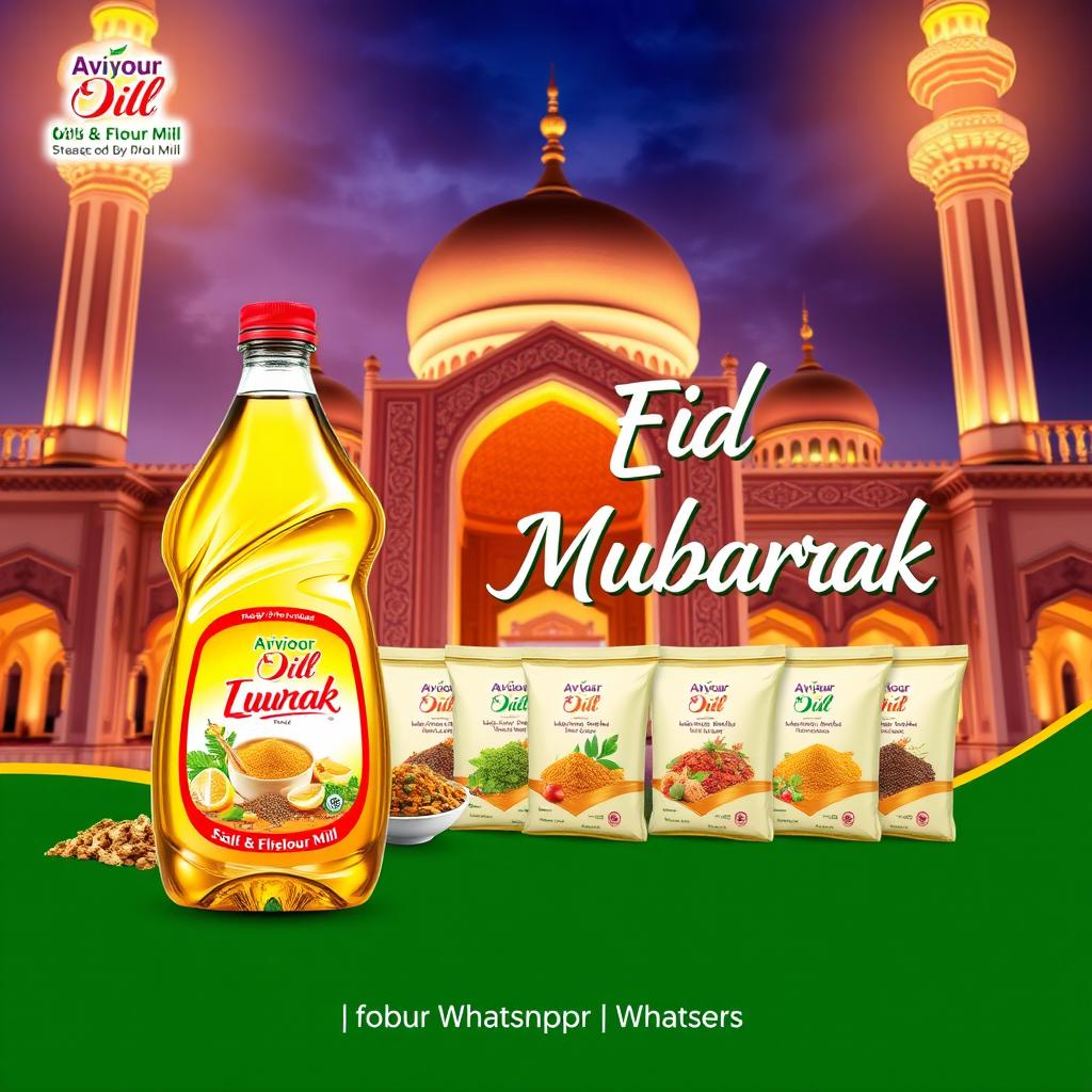 A colorful and festive Eid Mubarak poster designed for WhatsApp, prominently featuring the brand 'Aviyoor Oil & Flour Mill'