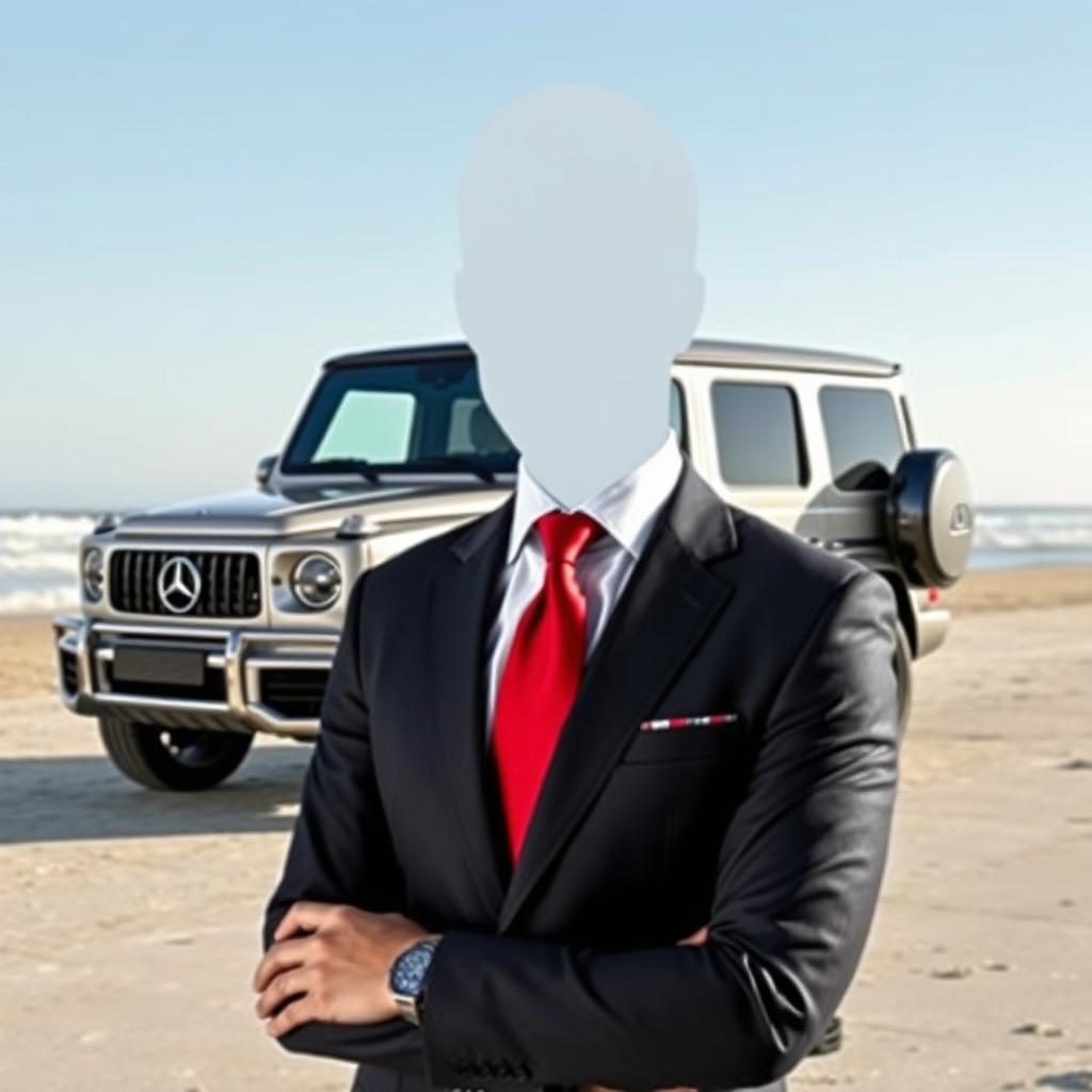 An image of a person (head only) wearing a formal suit with a red tie, standing confidently by the beach
