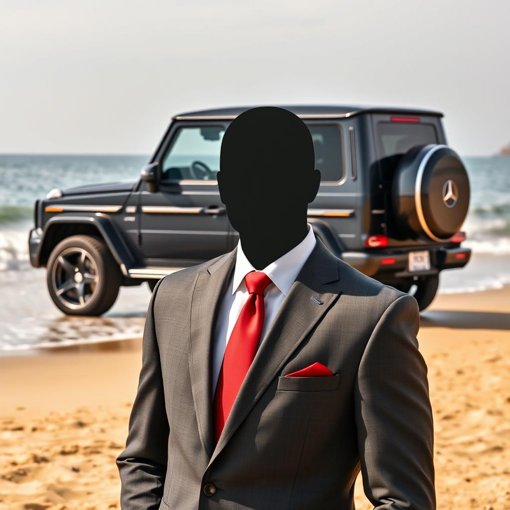 An image of a person (head only) wearing a formal suit with a striking red tie, confidently positioned by a beautiful beach