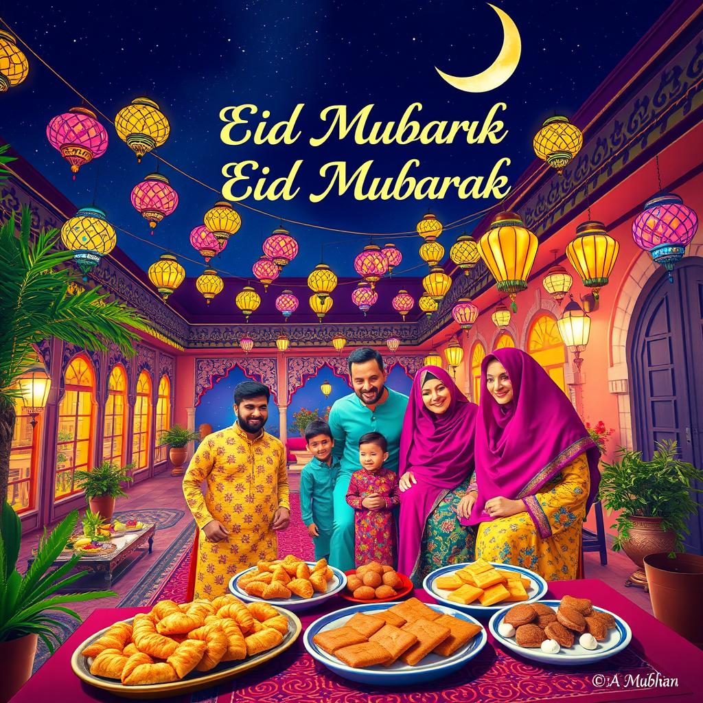 A vibrant and festive scene for Eid Mubarak, depicting a beautifully decorated courtyard filled with colorful lanterns and intricate patterns