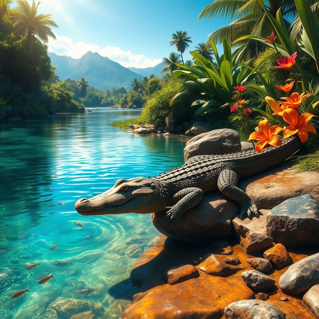 A vibrant and detailed scene showcasing a realistic crocodile basking on the banks of a tropical river