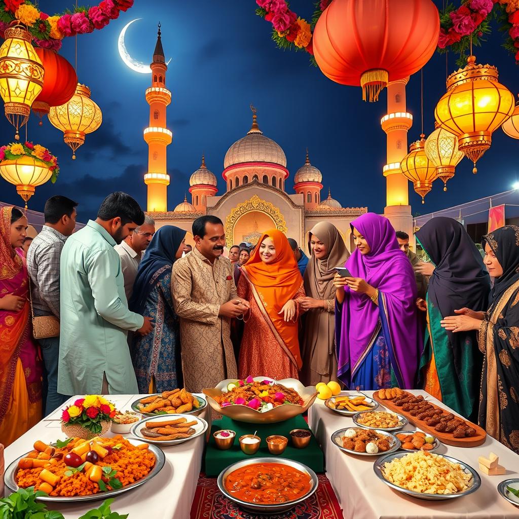 A joyful Eid Mubarak celebration scene, featuring a colorful and festive setting with beautifully decorated lanterns and floral arrangements
