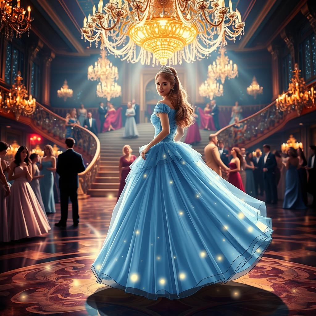 A beautiful and enchanting scene depicting Cinderella in her iconic blue ball gown, standing gracefully in a magical ballroom filled with sparkling lights and elegantly decorated with lavish chandeliers