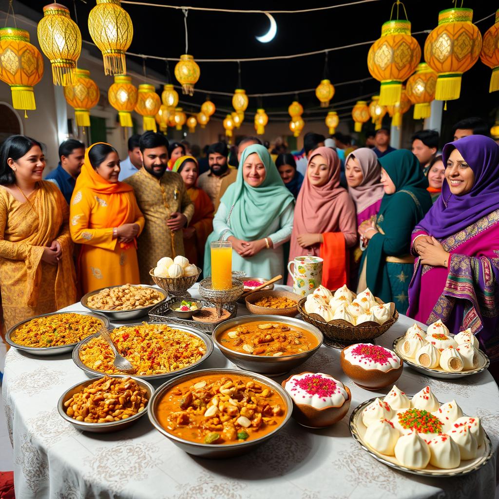 A vibrant Eid Mubarak celebration scene, showcasing a festive table filled with traditional dishes highlighting coconut and coconut oil