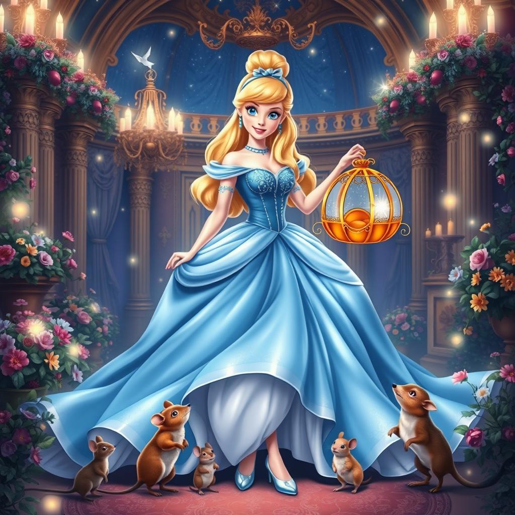 A beautiful scene depicting Cinderella in her iconic blue ballgown, surrounded by a magical atmosphere