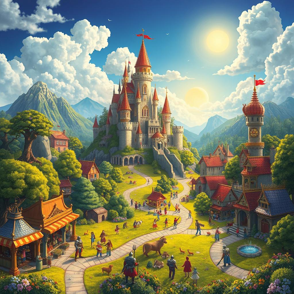 A vibrant fantasy kingdom set within a lush landscape, adorned with majestic castles and enchanting forests
