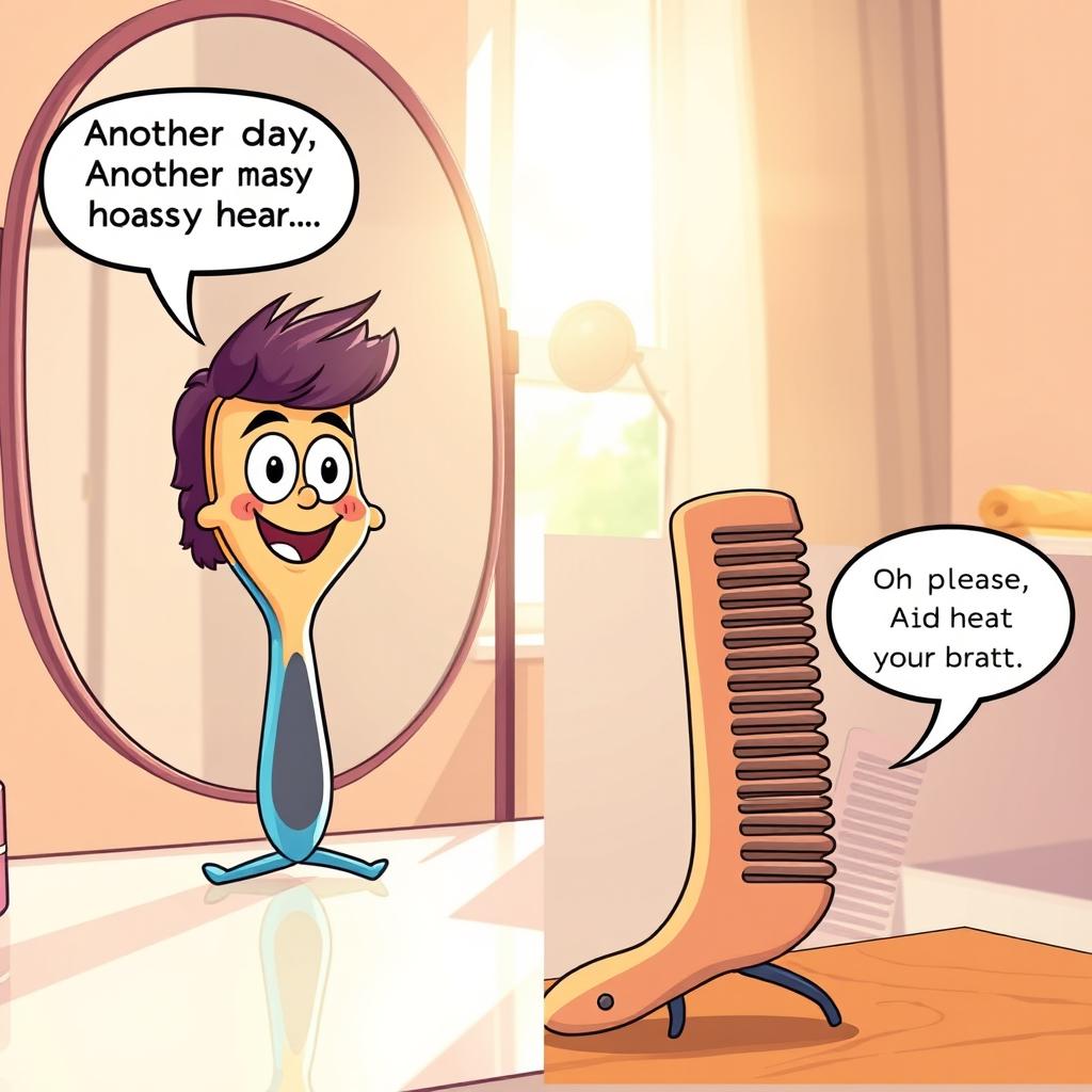 An interior scene of a dressing table in the morning with an extreme close-up of a hair brush and comb in a cartoonic style