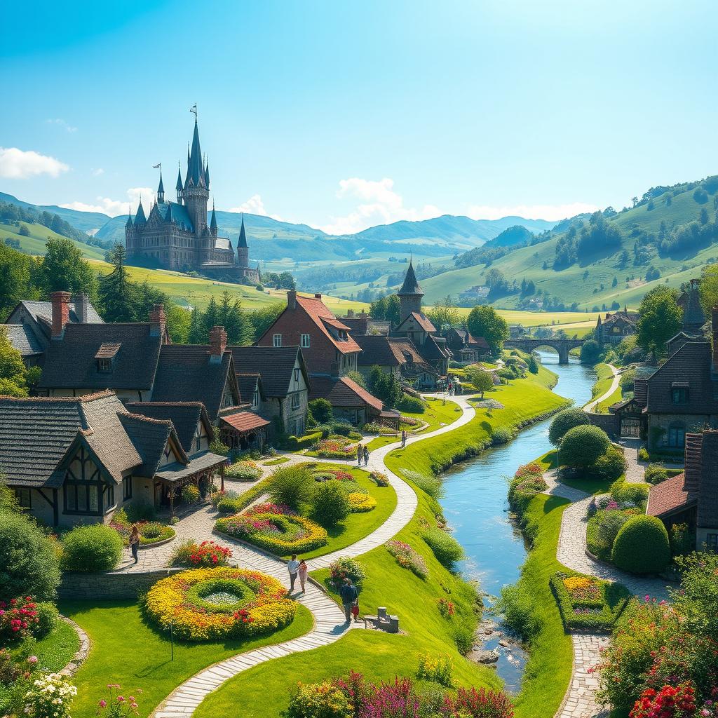 A stunningly beautiful kingdom featuring a picturesque village nestled in the rolling hills