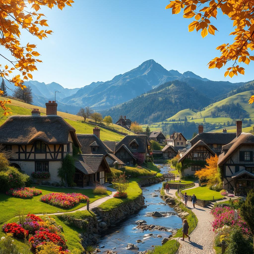 A picturesque village nestled in a lush green valley, surrounded by rolling hills