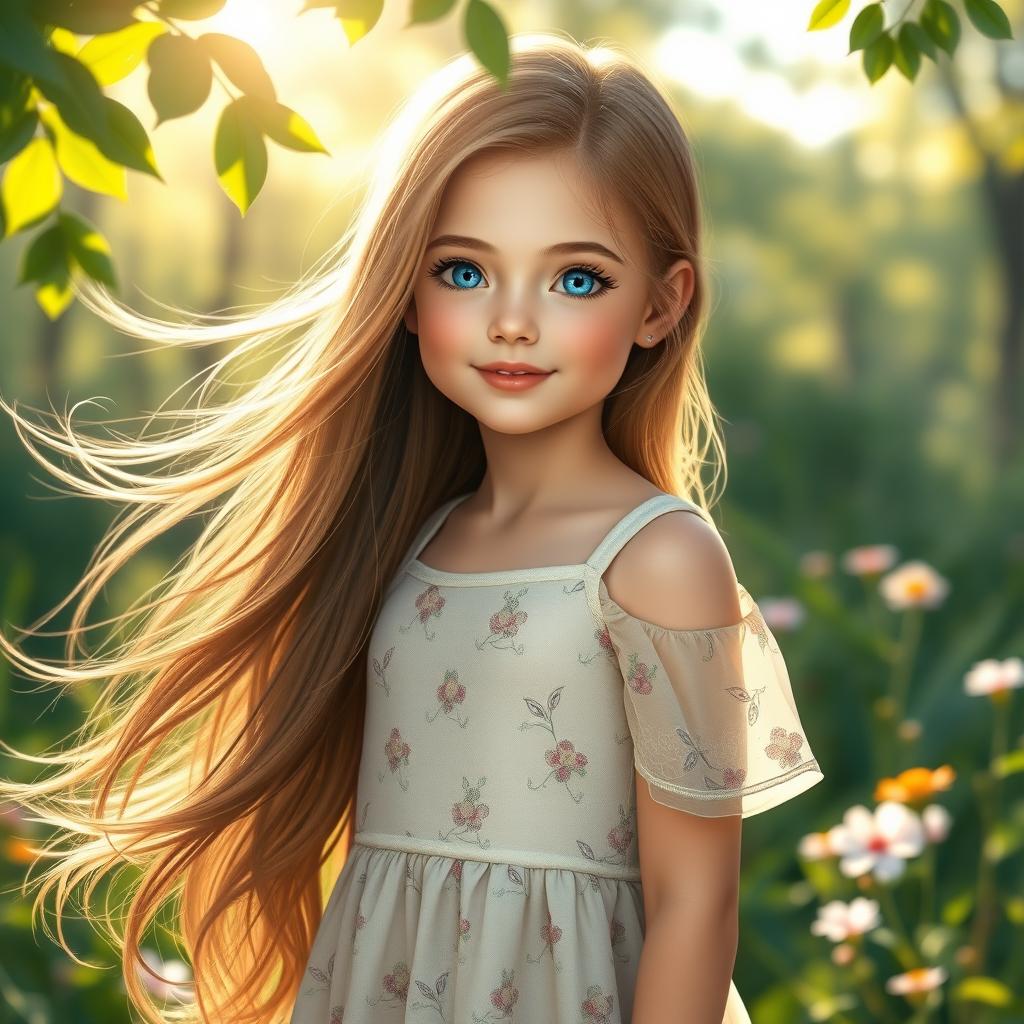 A beautiful girl with flowing long hair, radiant skin, and sparkling blue eyes, standing in a serene forest setting