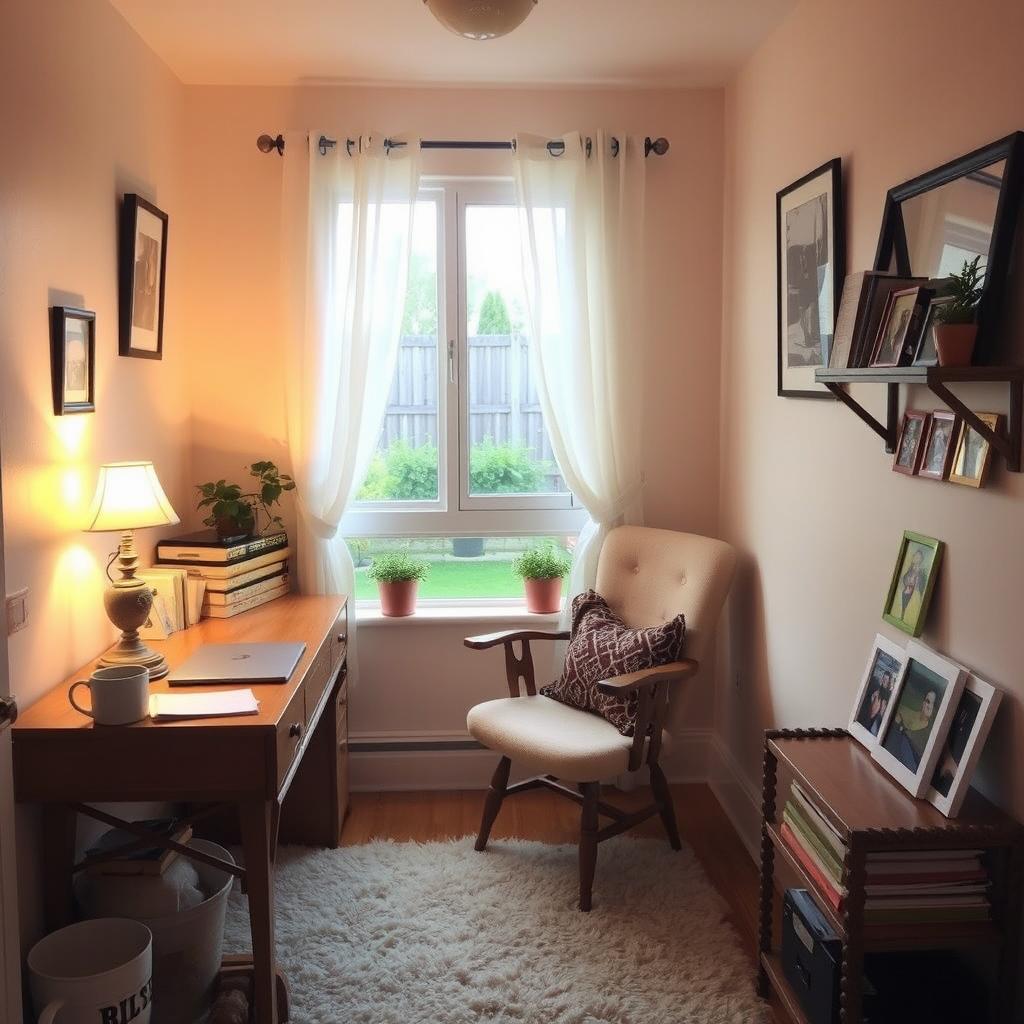 A cozy small room with warm lighting, featuring a wooden desk with a vintage lamp, a comfortable chair, and a stack of books