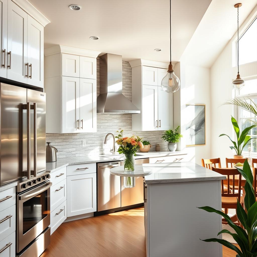 A bright and inviting modern kitchen, featuring sleek stainless steel appliances, a large island with a marble countertop, and stylish pendant lights hanging above