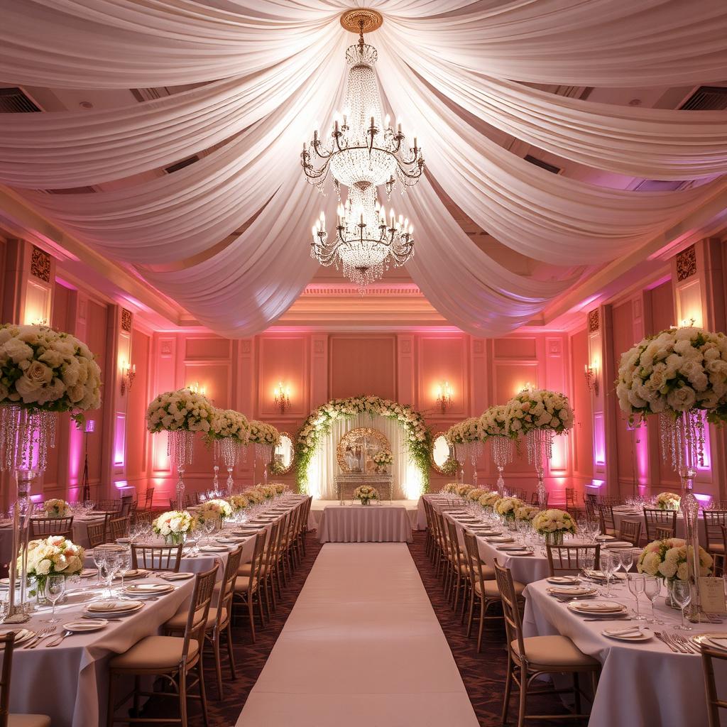 An elegant and luxurious wedding hall, adorned with beautiful floral arrangements and soft, ambient lighting