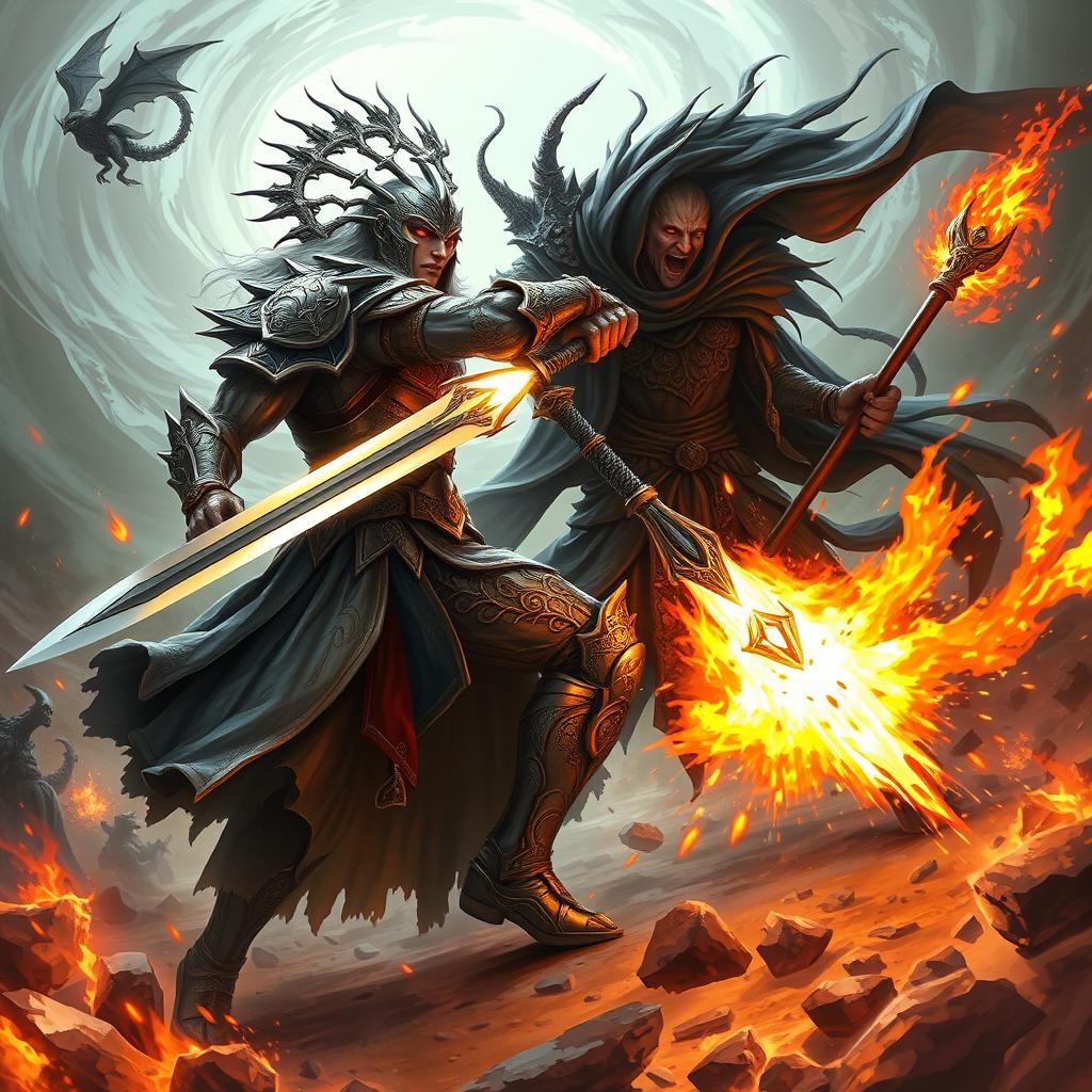 A dynamic fantasy battle scene depicting a fierce duel between two warriors in a mystical setting, inspired by the epic 'O Desafio de Orelon – O Duelo Contra Feros'