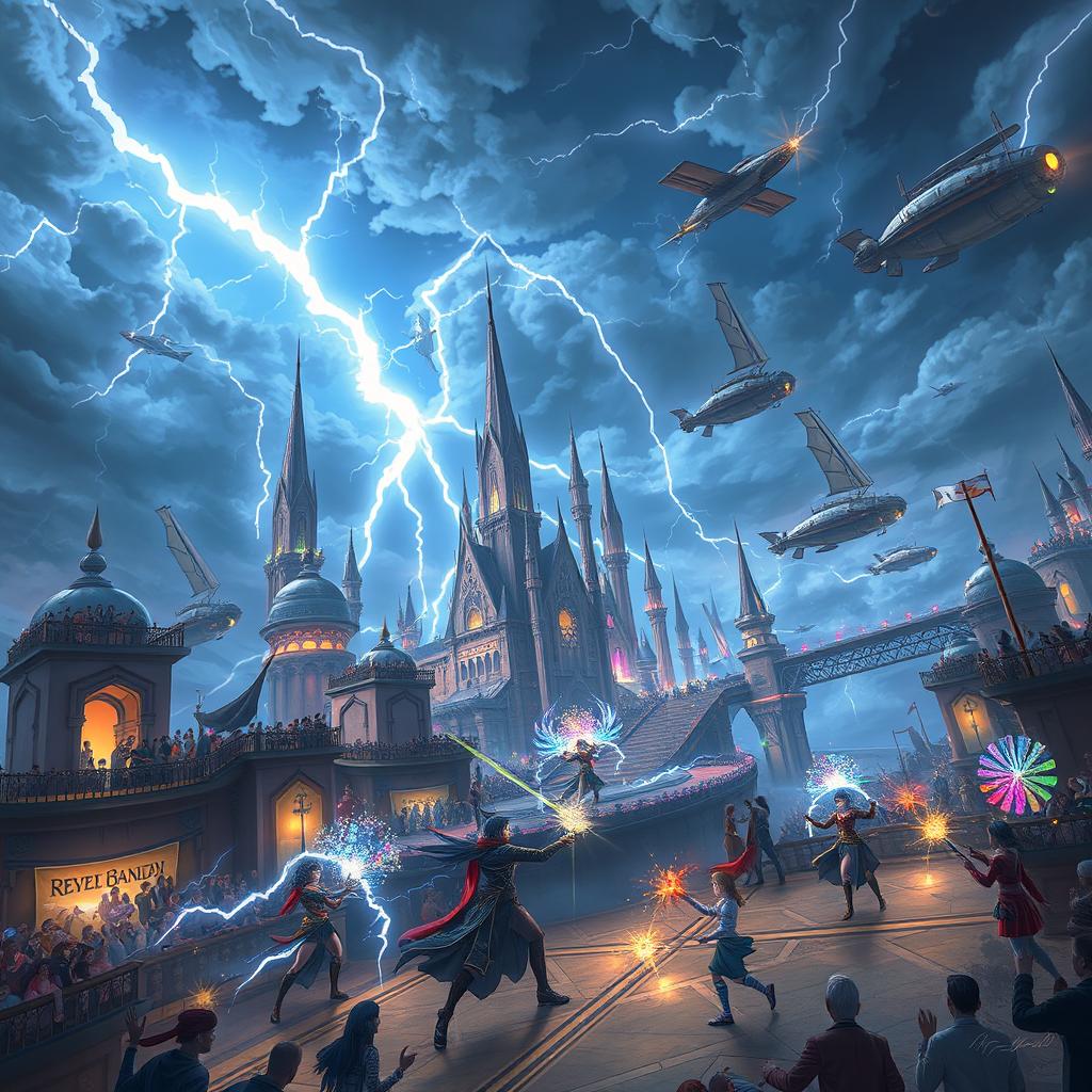 A vibrant and dynamic scene of a floating city during a lightning tournament