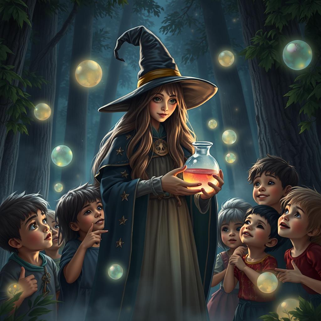 A captivating scene featuring a witch holding a potion in a mystical forest, surrounded by a group of children who are looking up in awe