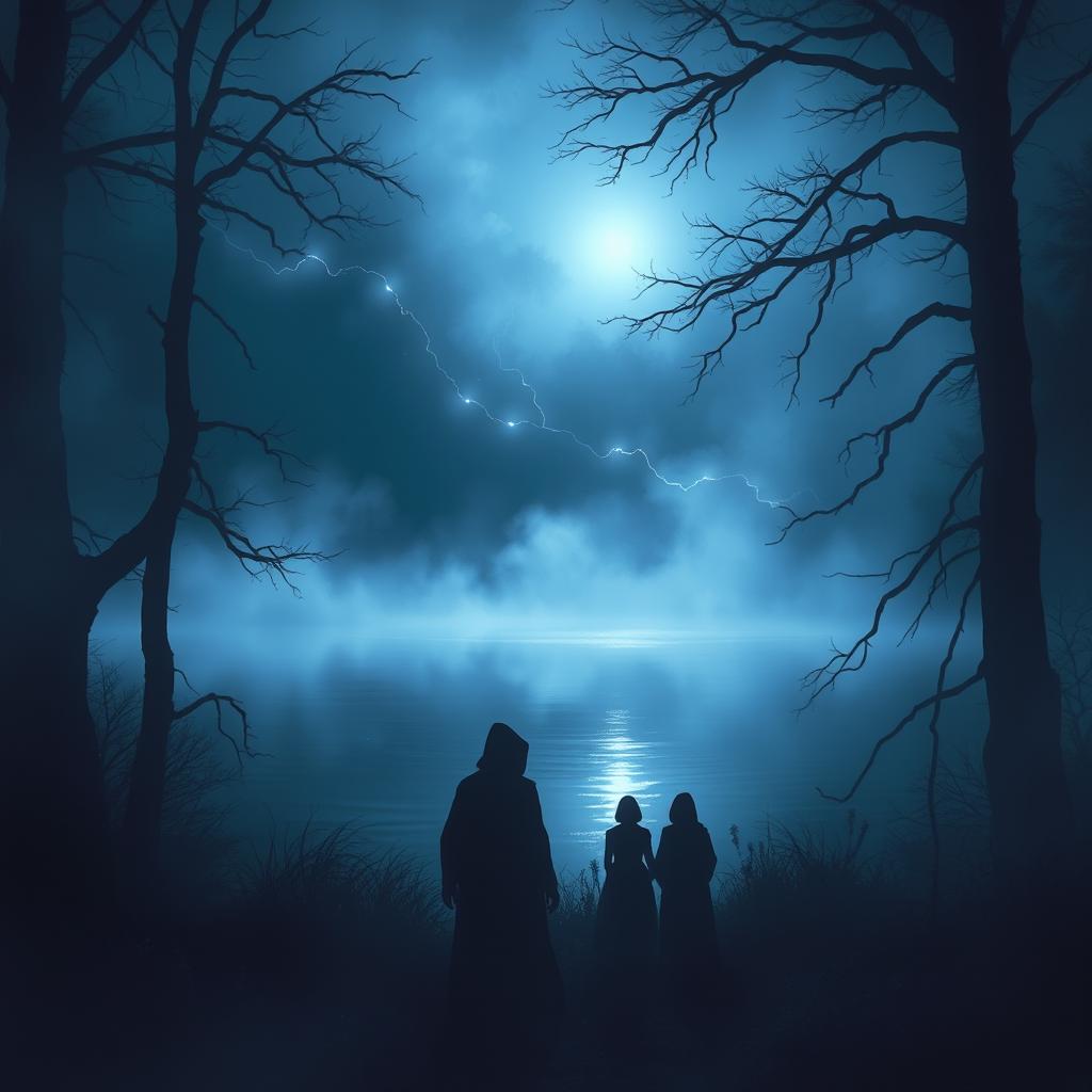 A mysterious and enchanting scene depicting a spectral lake shrouded in mist, surrounded by dense, dark forest