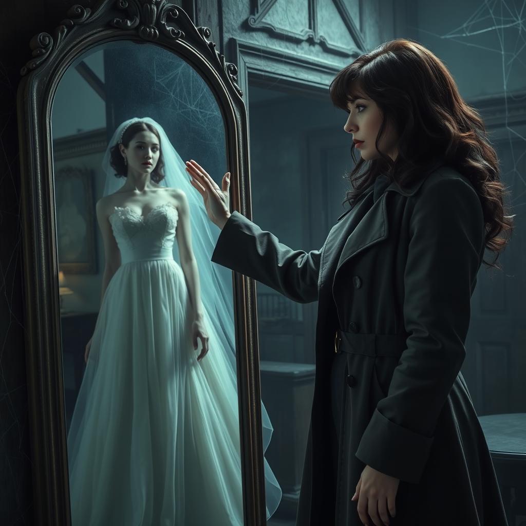 A scene featuring two women, one a brunette detective reaching out to touch a mirror, while the other appears as a ghostly figure within the mirror