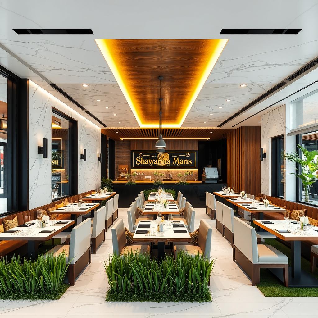 A modern Shawarma restaurant design named 'Shawarma Mans' in Syria, featuring elegant white marble walls complemented by a visual identity of sleek black accents, warm wood tones, and vibrant yellow highlights