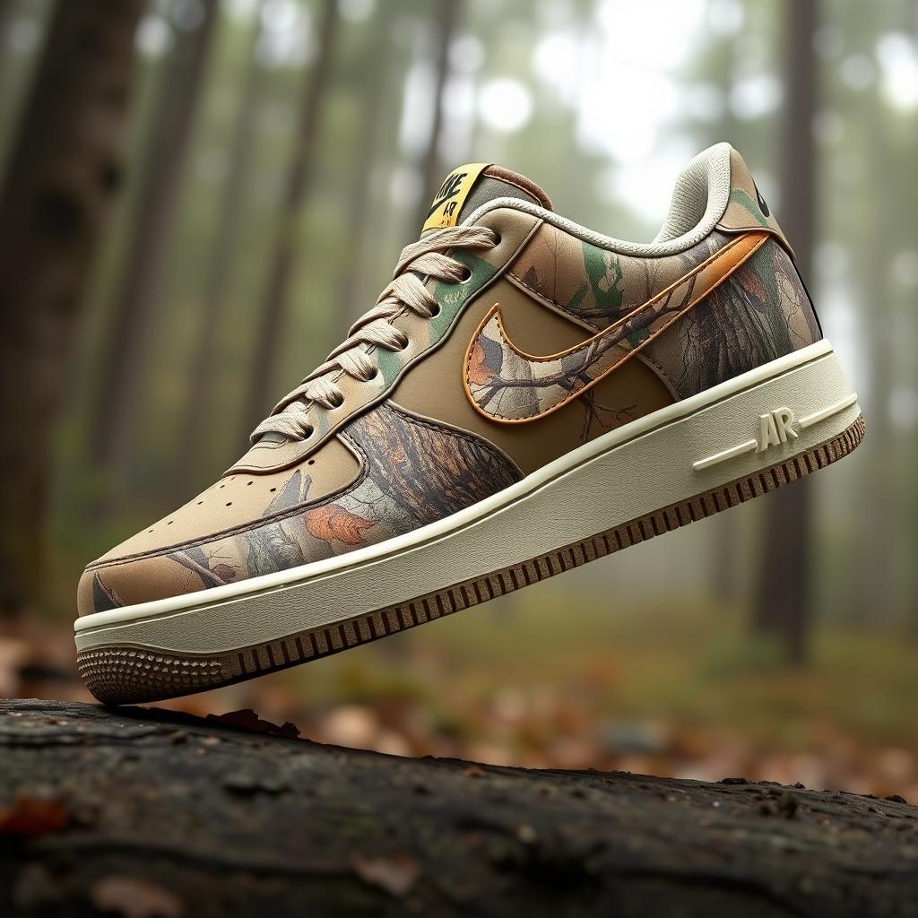 An artistic representation of the Nike Air Force 1 sneaker incorporating the Real Tree camouflage pattern
