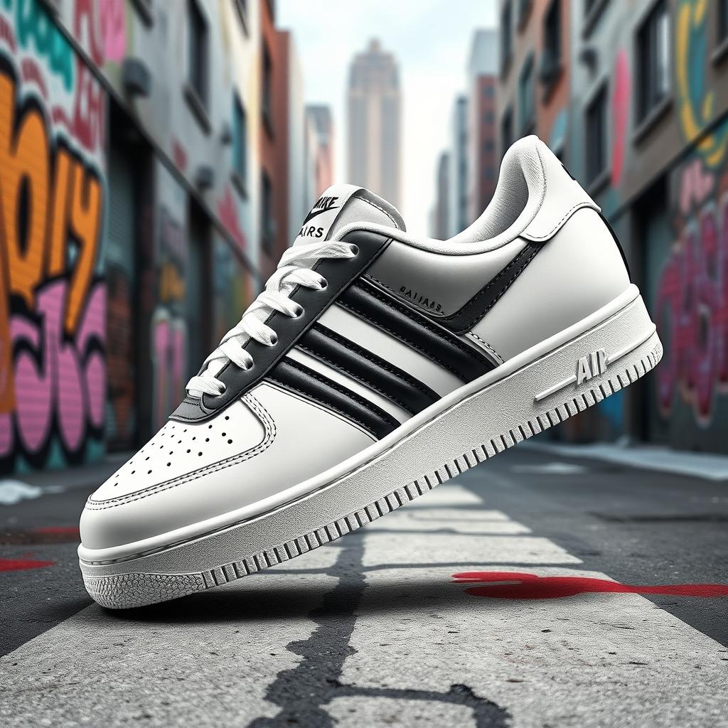 An innovative representation of the Nike Air Force 1 sneaker combined with the classic Adidas Samba design