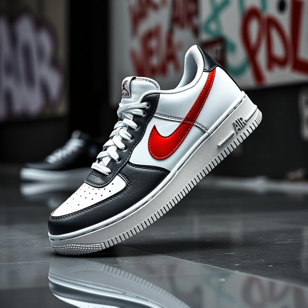 A striking representation of the Nike Air Force 1 sneaker creatively blended with the iconic Jordan 11 design elements