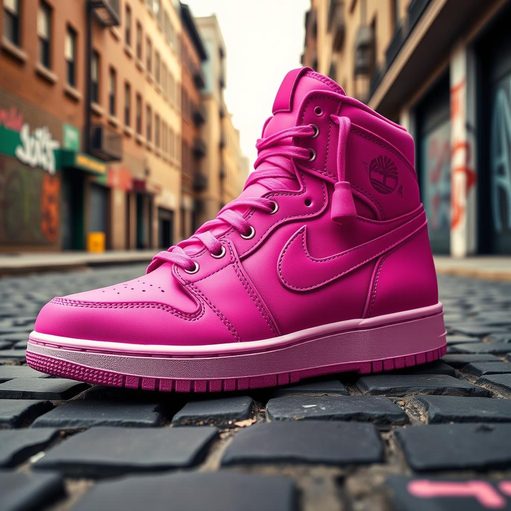 A bold and stylish reinterpretation of the Jordan 1 sneaker fused with Timberland boot aesthetics, showcasing a vibrant pink colorway