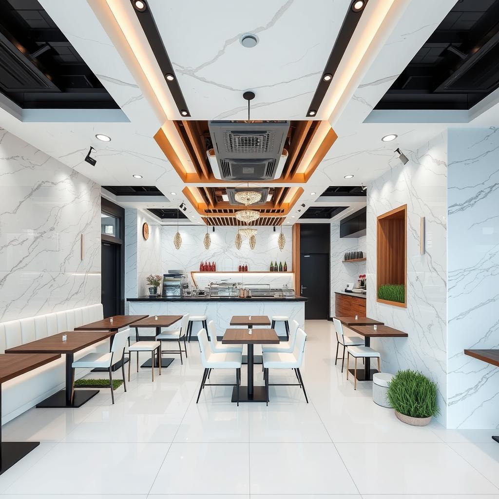 A stylish Shawarma restaurant design named 'Shawarma w nos' in Syria, featuring pristine white marble walls and a sleek white floor