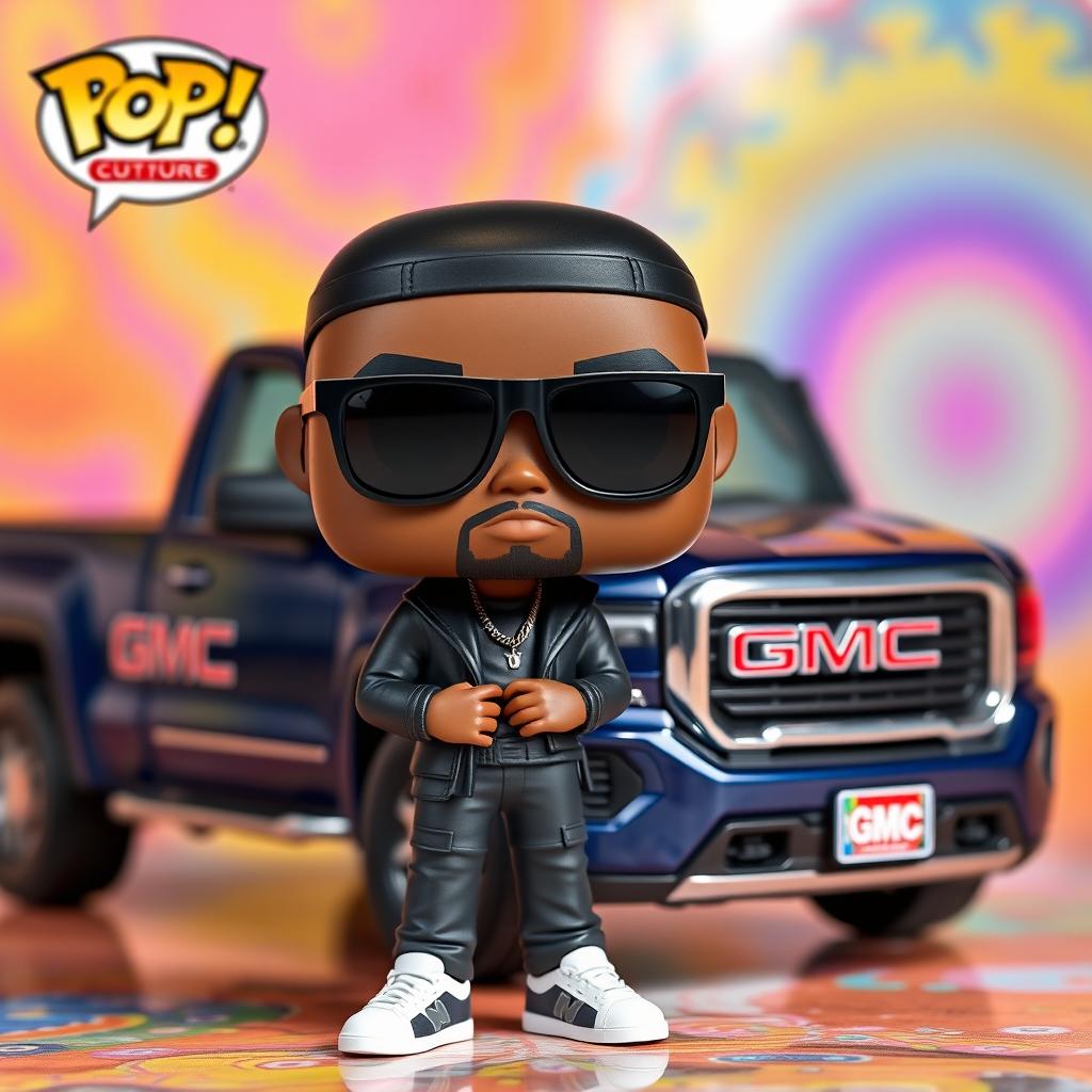 A Funko Pop figure of a 35-year-old bald black man wearing stylish sunglasses, dressed in dark clothing, a backwards hat, and white New Balance shoes
